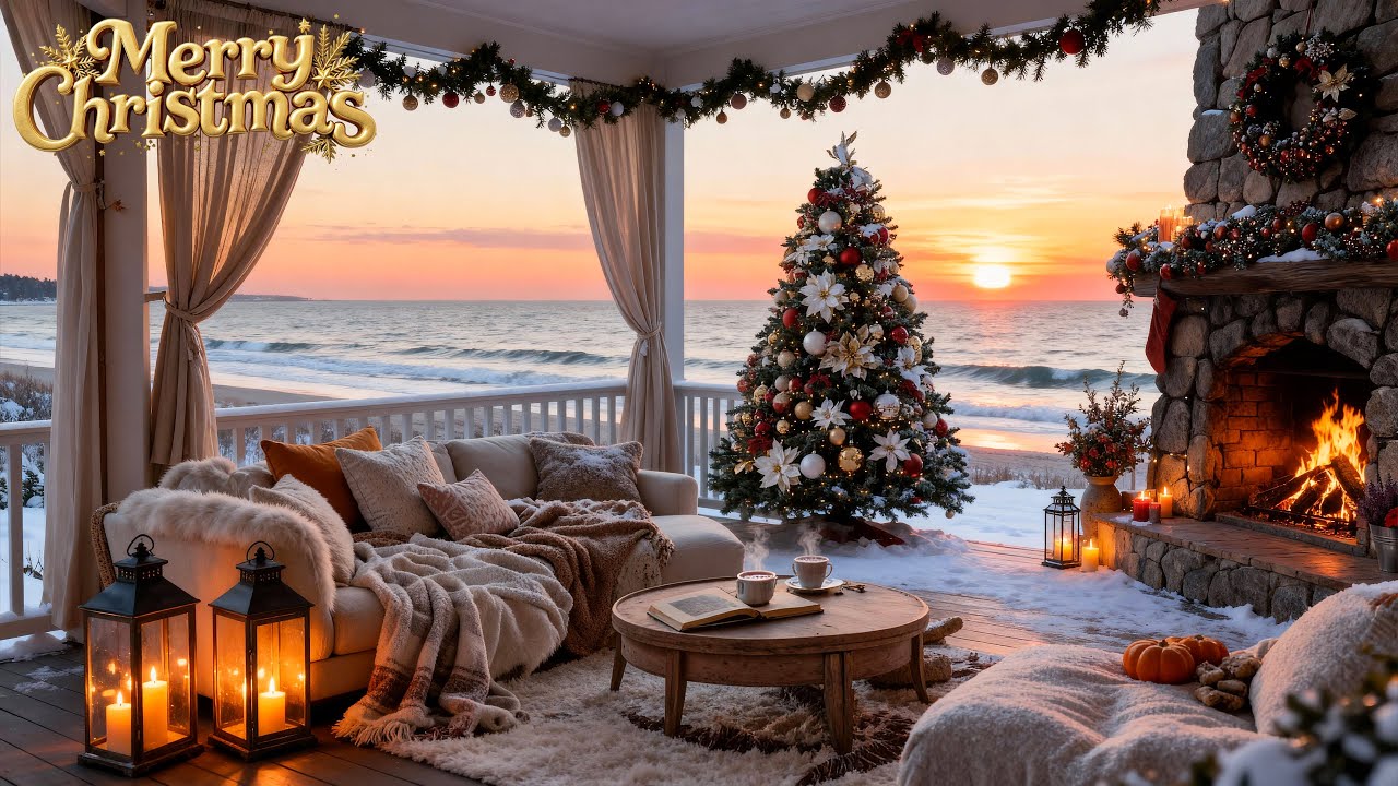 Relaxing Christmas Sunset by the Sea 🎄 Christmas Piano with Ocean Waves & Warm Fireplace for Sleep
