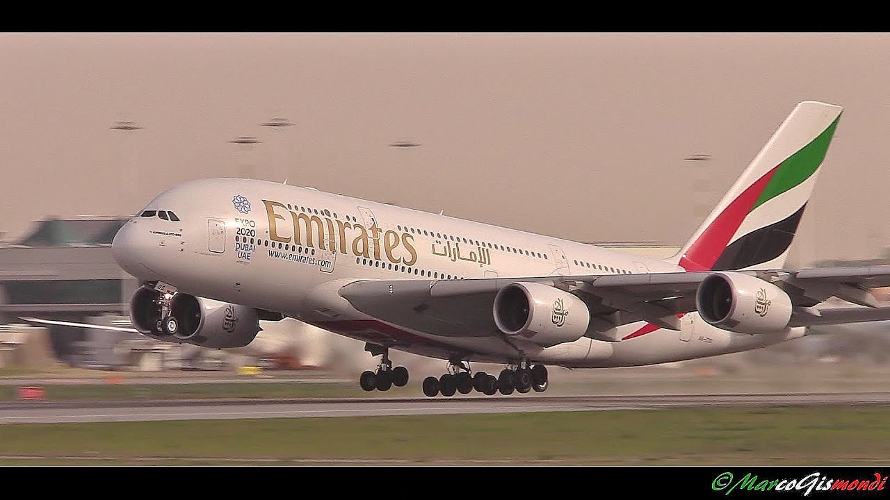 Emirates Airbus A380-861 takeoff from Rome Fiumicino airport 34L