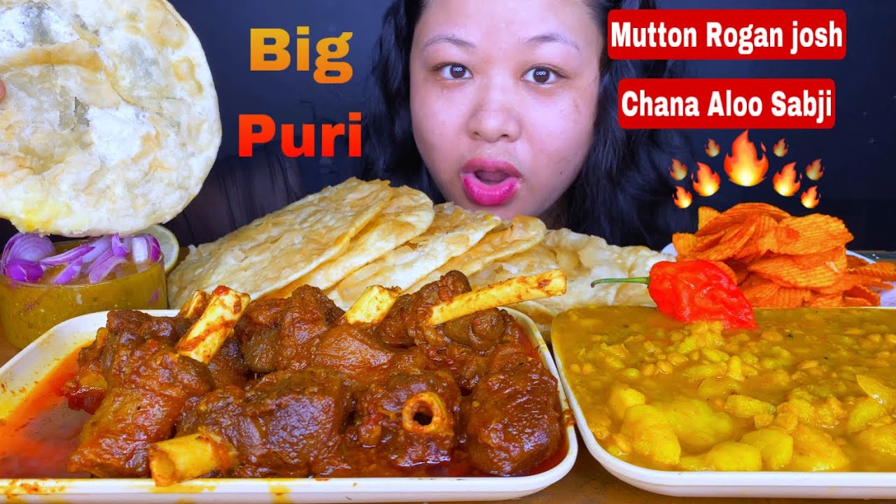REAL MUKBANG🔥SPICY MUTTON ROGAN JOSH, PURI & CHANA ALOO SABJI EATING | SPICY MUTTON CURRY MUKBANG