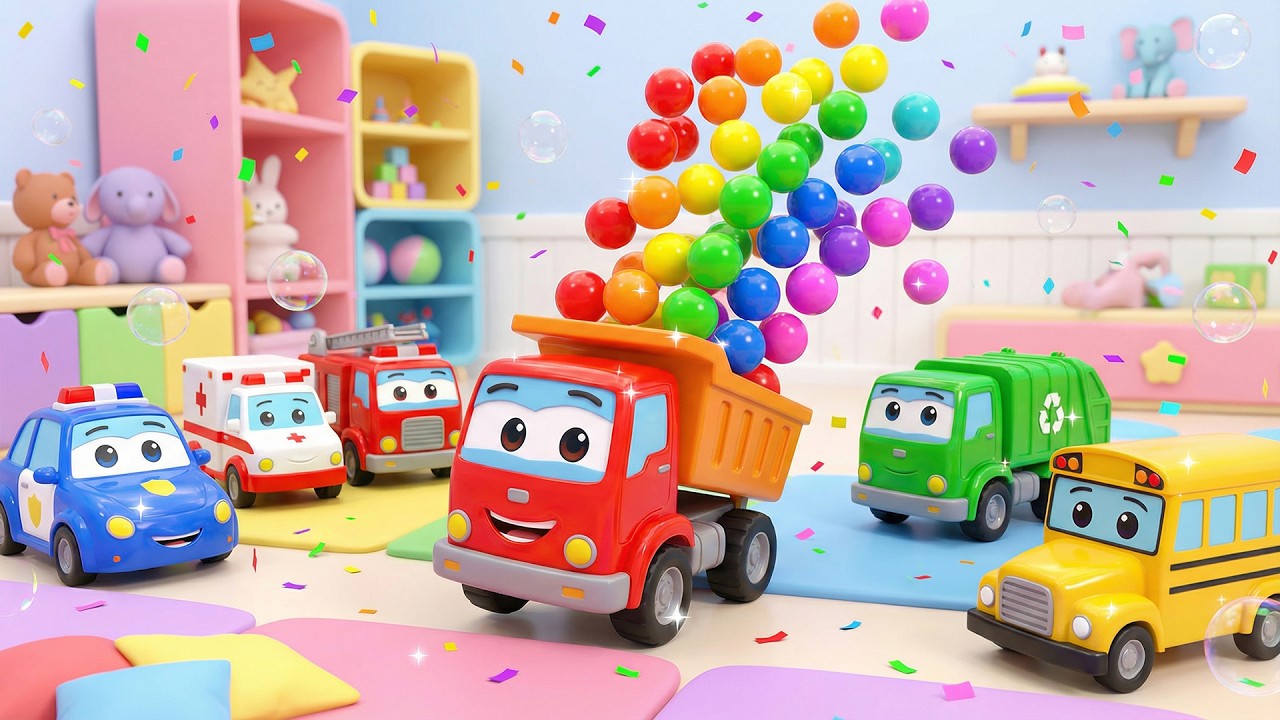 Vehicles + Color Balls & Rainbow Car Wash 🌈🚿🚒🚓🚑🚌🗑️ Kids Songs | Nursery Rhymes for Toddlers
