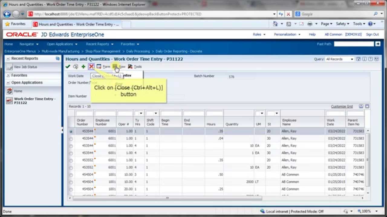 Accessing Work Order Time Entry - JDE E1 91 - Shop Floor Control