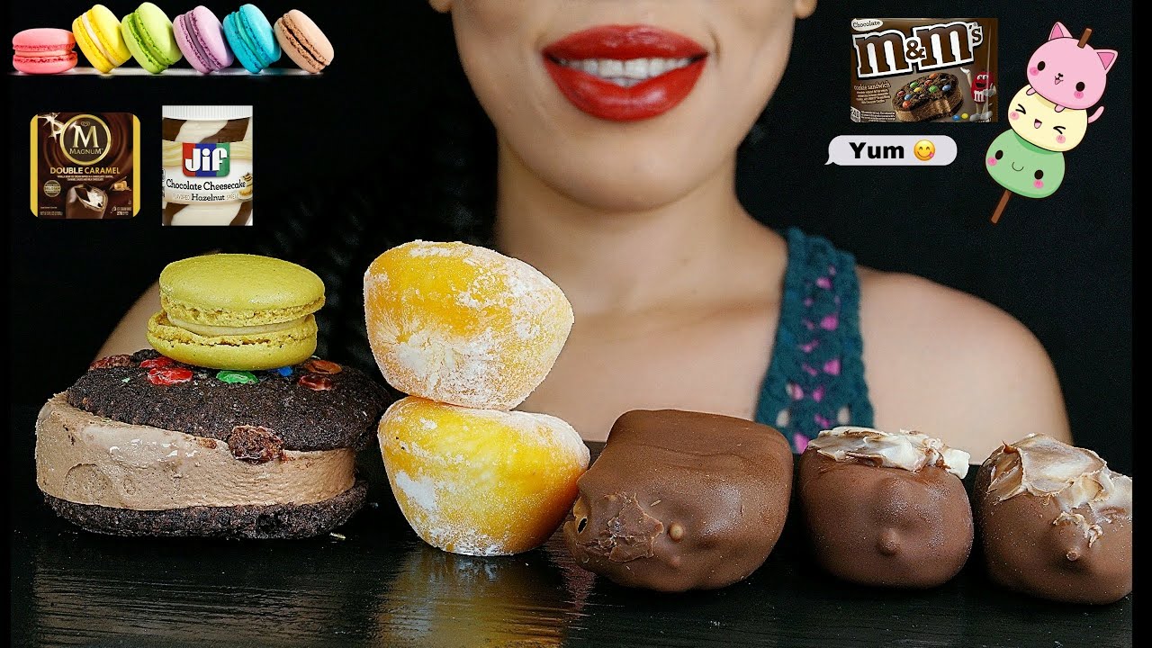 Mochi, Macaron, m&m's ice cream sandwich, magnum ice cream bars with hazelnut spread |EATING SOUNDS