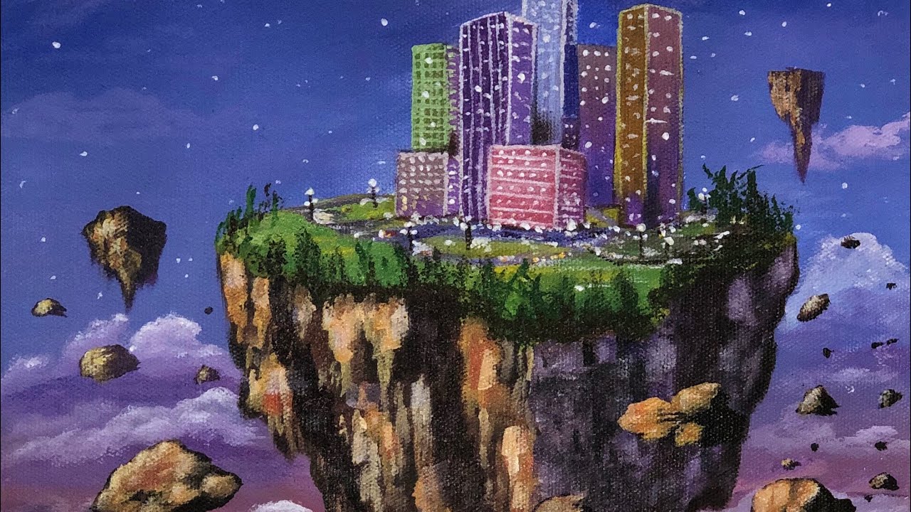 Floating city acrylic painting