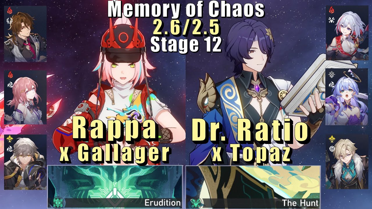E0 Rappa Gallagher & E0 Dr. Ratio Topaz | Memory of Chaos 12 2.6/2.5 3 Stars | Honkai Star Rail