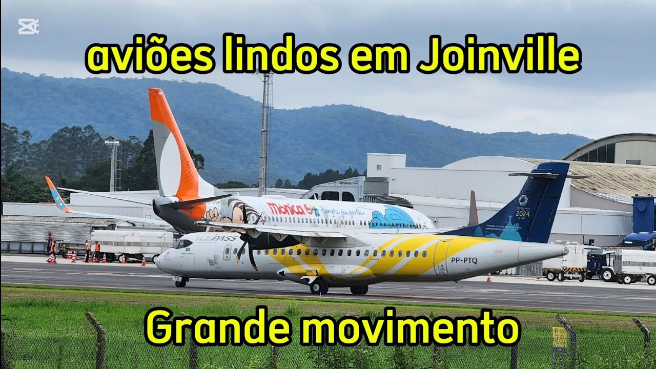 intenso movimento aeroporto de Joinville pouso e decolagem embraer atr e boeing temático da Mônica