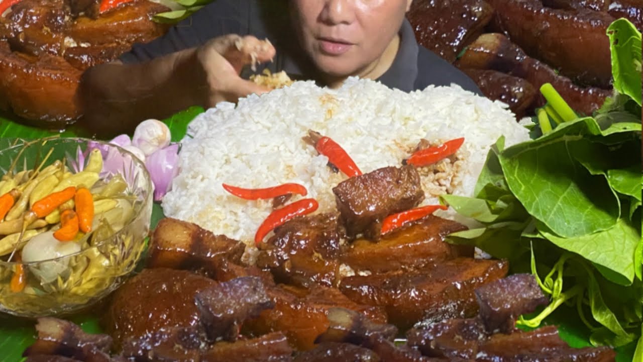 BRAISED PORK FAT RICE * SALAD VEGETABLE CHILI ONIONS * ASMR MUKBANG * EATING SHOW | Nasdy Vlog