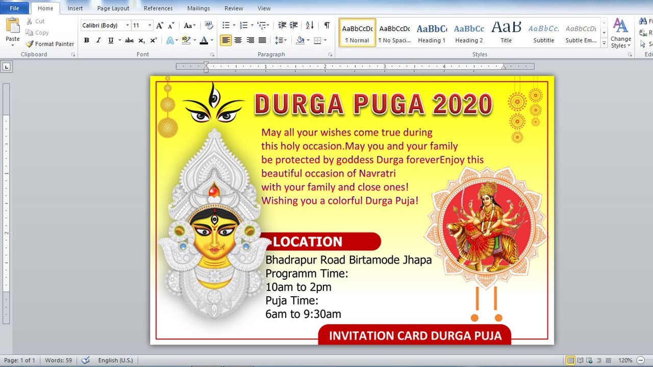 Ms Word Tutorial || Durga Puja Invitation card Design In Microsoft Office Word