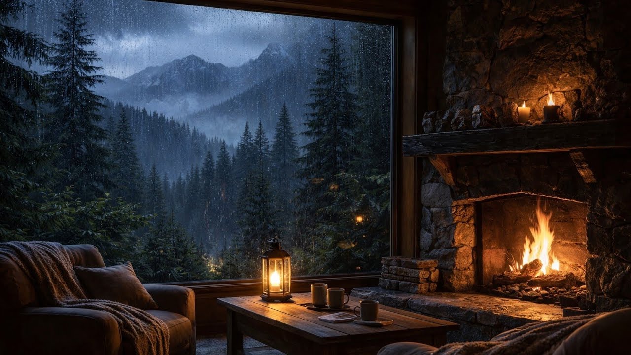Deep Sleep 🌧 Cozy Fireplace & Mountain Rain Night with Soft Piano | Forest Storm Ambience