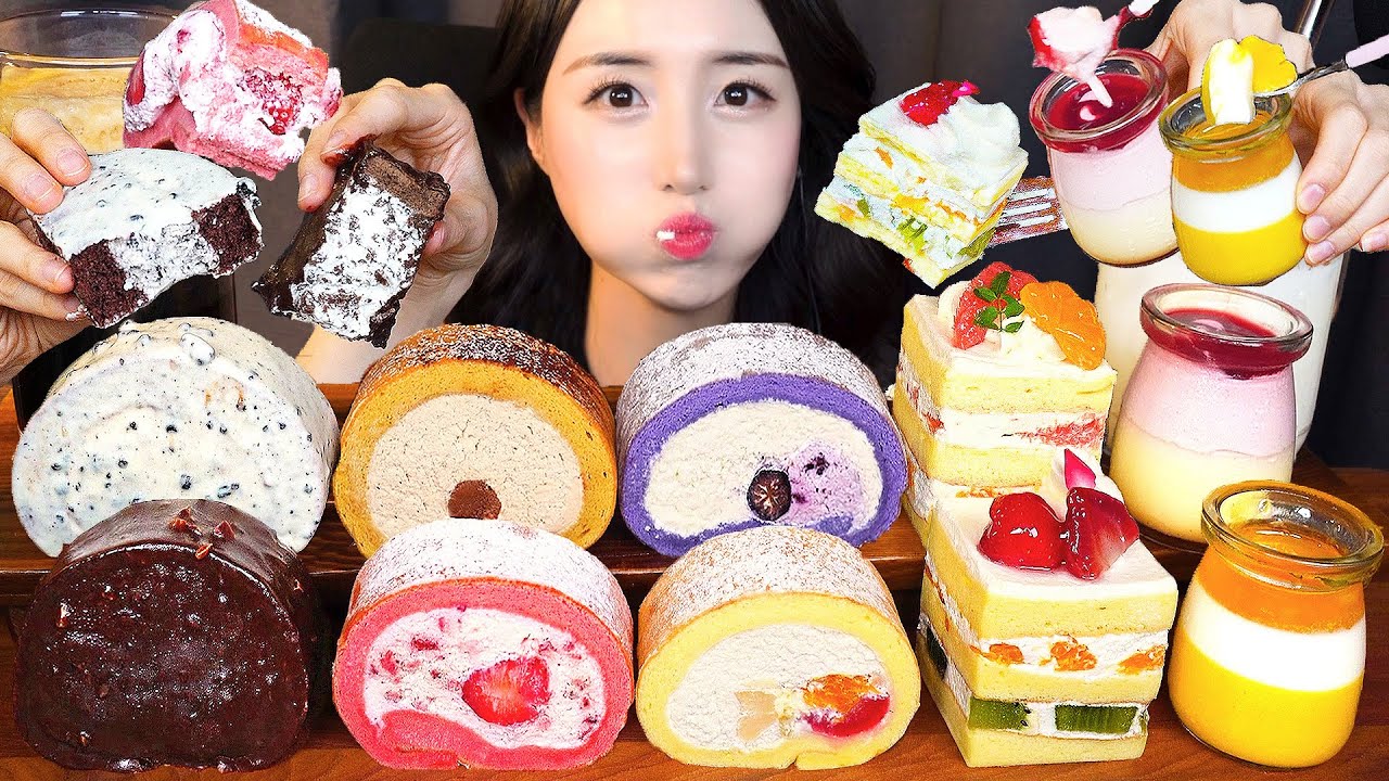 рулет с Сливочный фруктовый АСМР Десерт 🍰 Шоколадный хлеб Торт Пудинг МукбангㅣDessert Cake