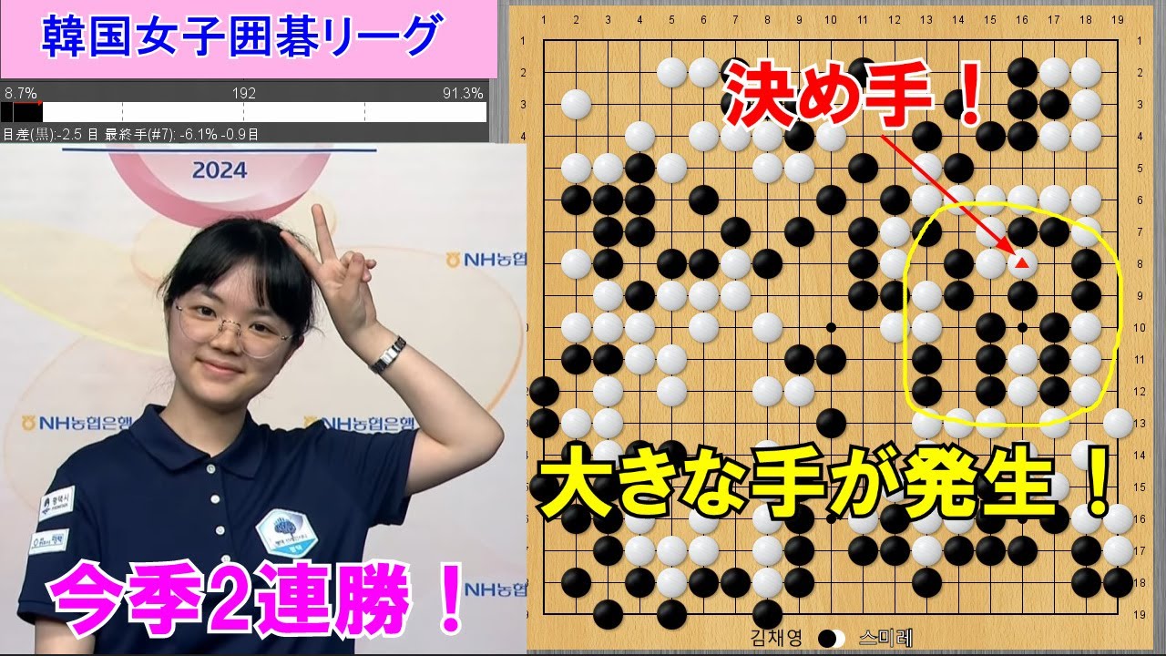【韓国女子囲碁リーグ】仲邑三段、韓国女流トップ棋士・金八段に快勝！