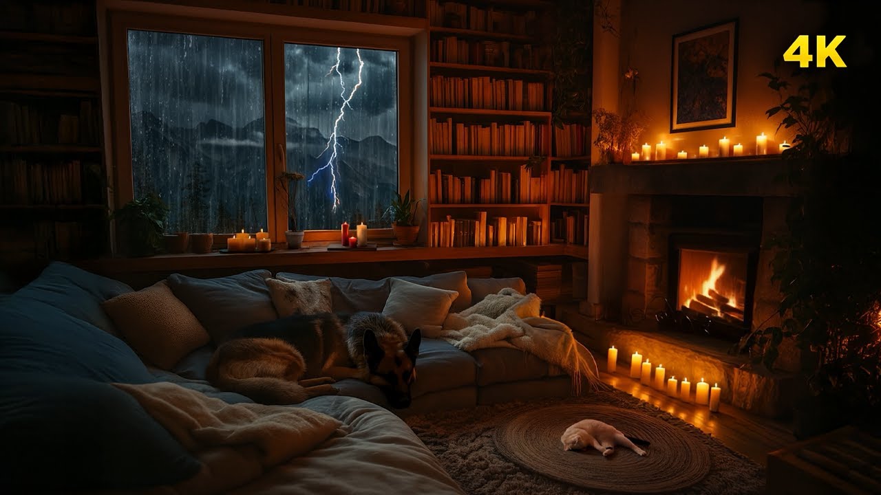 Уютная комната с Грозой 🌩️ Дождь на окнах, Камин Потрескивание и Спящие домашние животные