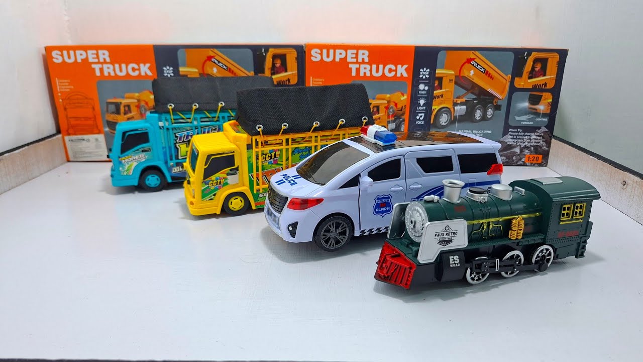 Unboxing Truk Oleng, Mobil Polisi, Robot Helikopter, Kereta Api Uap, Choco Charles Laba Laba 