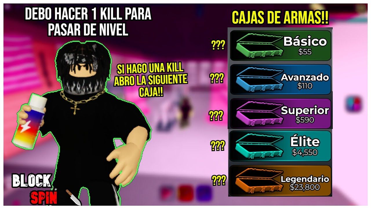 😲DE CAJA BASICA A CAJA LEGENDARIA PERO DEBO HACER 1 KILL PARA SUBIR DE NIVEL BlockSpin 🔪 roblox