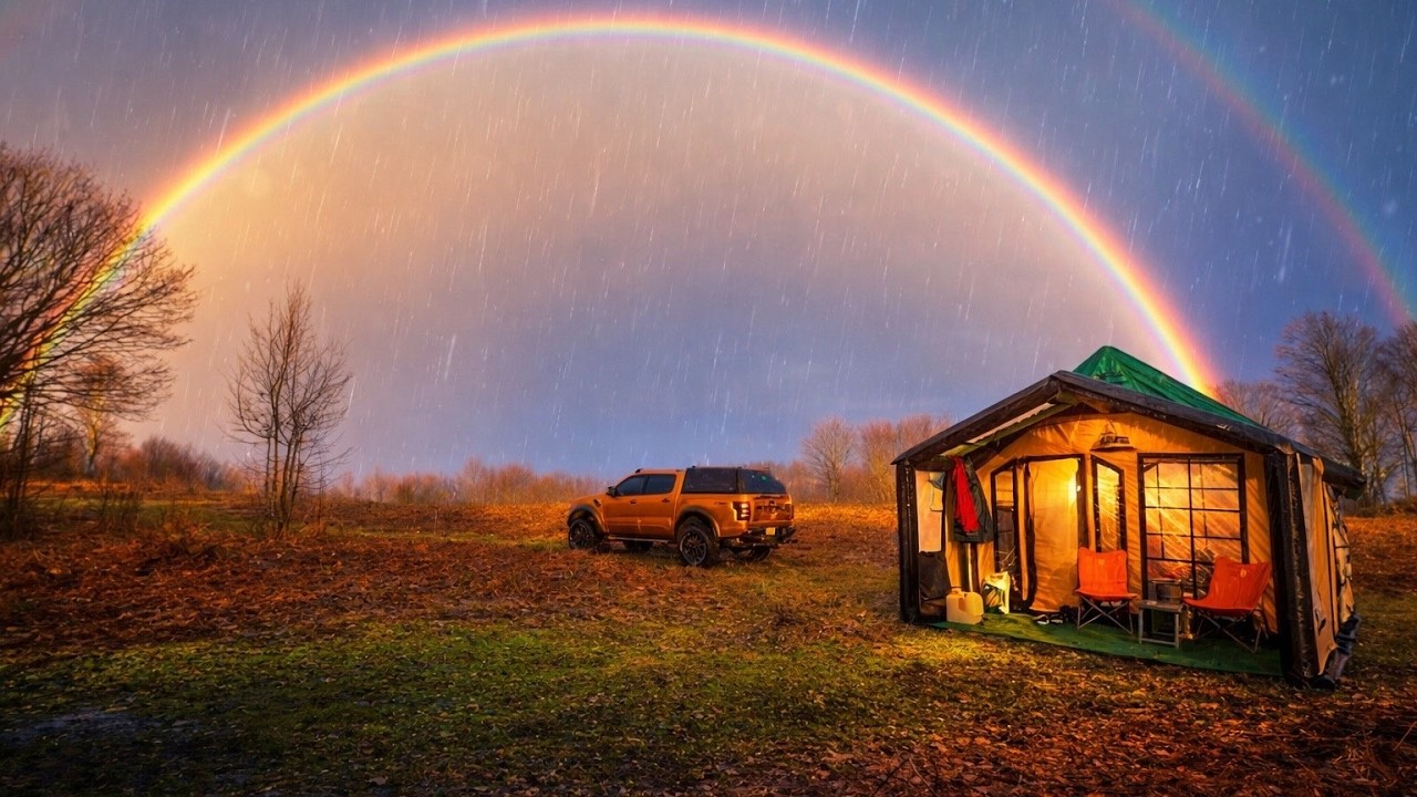 Теплый кемпинг под радужным дождем 🌧️ 🌈