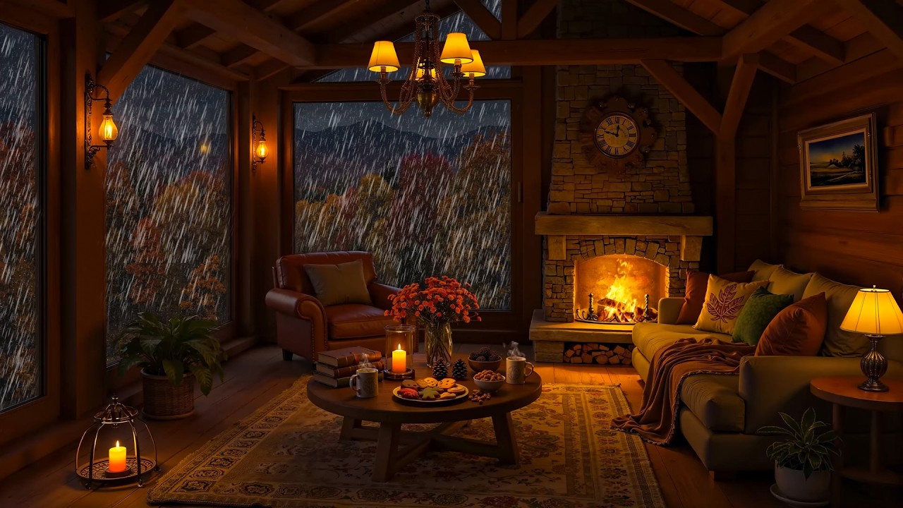 Late Night Jazz in a Cozy Fall Cottage | Rainy Window Ambience & Warm Fireplace Sounds for Sleep