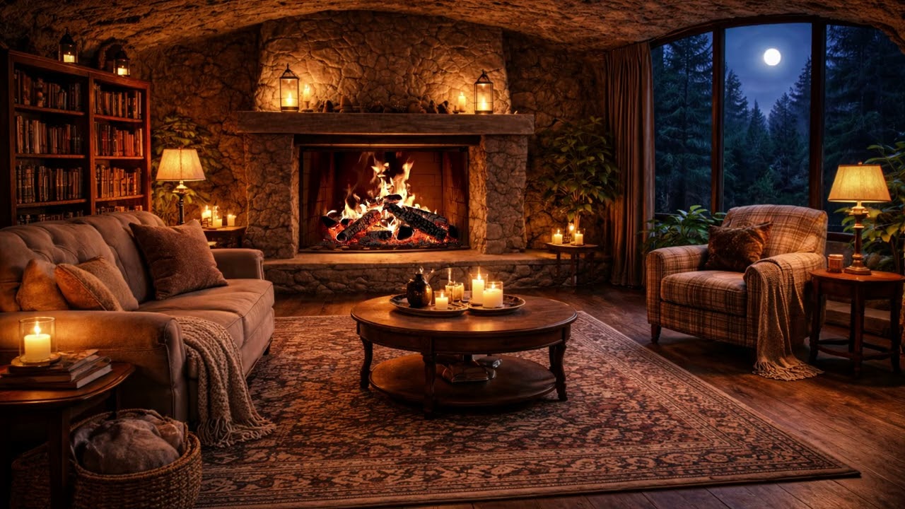 Fireplace in a Quiet Room with Mountain View | Warm Fire Sounds for Calm