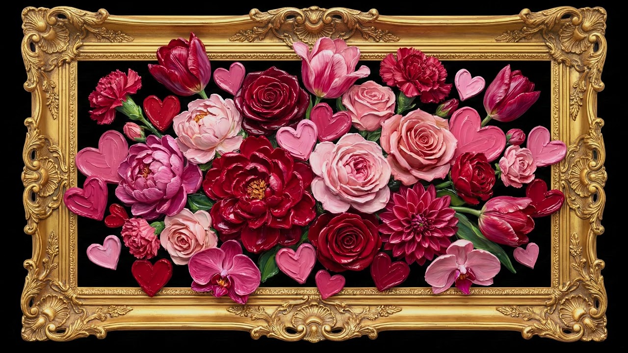 Red & Pink Roses | Oil Painted Flowers in Golden Frame (4K Frame TV Art)