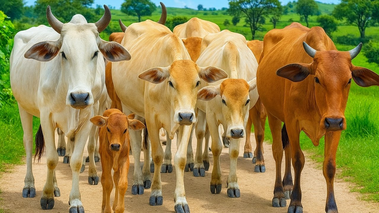 Sapi jinak berjalan menuju kandang, suara moo tanpa musik, suasana desa
