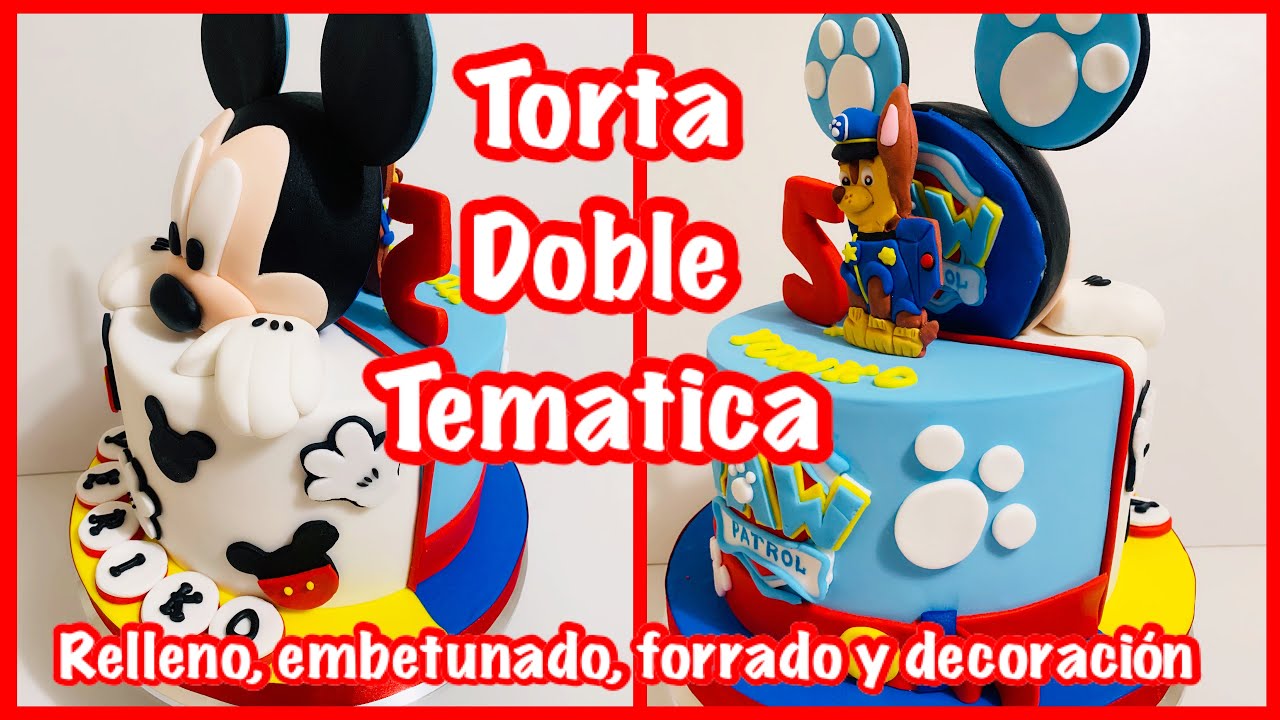 Torta doble temática o doble cara, corte, relleno, embetunado, forrado, bordes rectos, decoración.