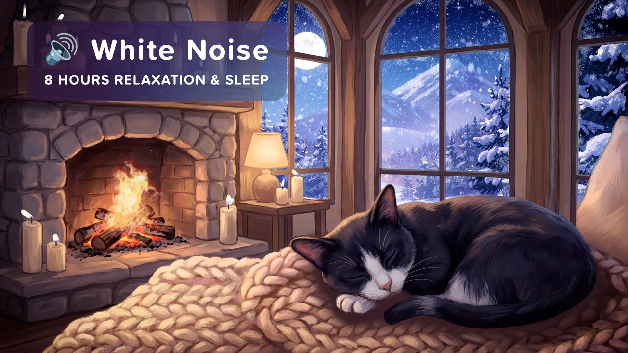 🔊 8 Hours Deep Sleep - Sleeping Cat by the Fireplace | Polar Wind, Crackling Fire & Cat Purring