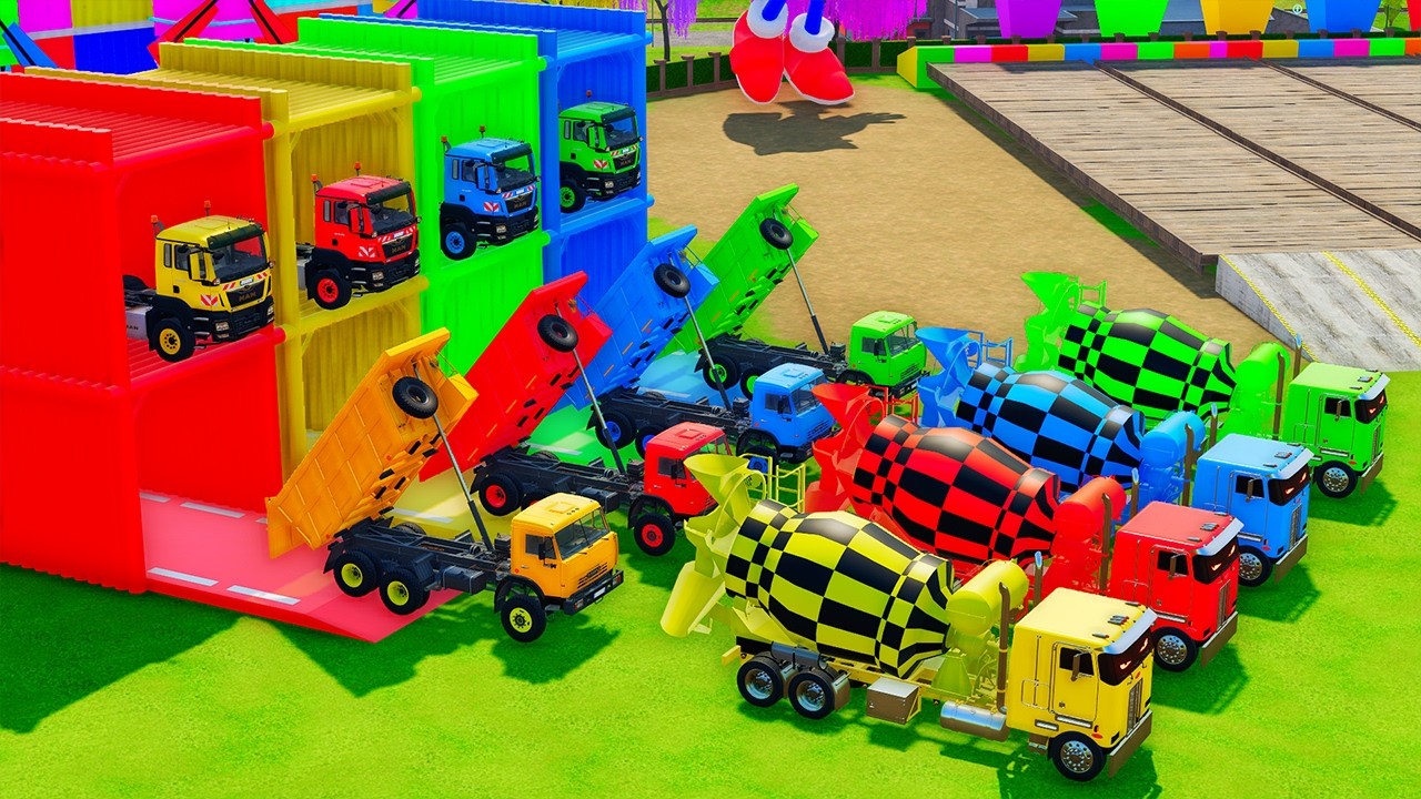 Garage with Colors - ALL MIXER TRUCK WITH DOUBLE FLATBED TRAILER TRUCK, MERCEDES, SCANIA, MAN, MACK