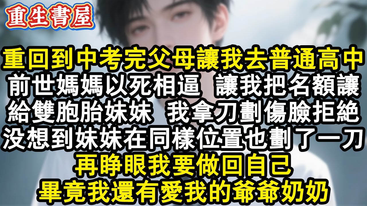 【重生爽文】重回到中考完父母讓我去普通高中。前世媽媽以死相逼，讓我把名額讓給雙胞胎妹妹。我拿刀劃傷臉拒絕，沒想到妹妹在同樣位置也劃了一刀。再睜眼我要做回自己，畢竟我還有愛我的#小說 #重生故事 #爽文