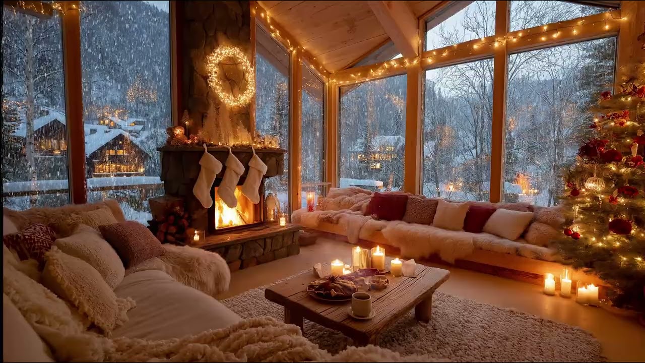 Cozy Christmas Vibes🎄Fireplace Ambience 4K | Relaxing Holiday LoFi Jazz Music🎁Snowy Winter Evening❄️