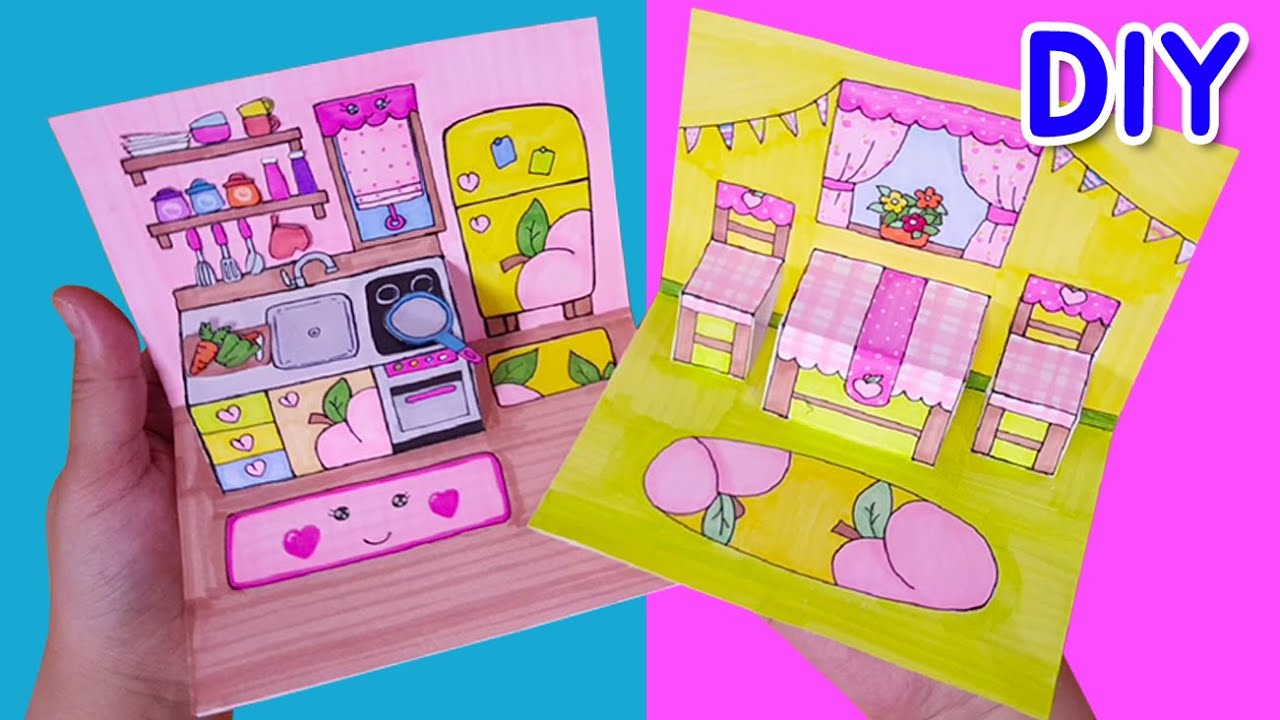 HOW TO MAKE SIMPLE PAPER DOLLHOUSE PEACH KITCHEN-POP UP DOLLHOUSE  QUILT BOOK