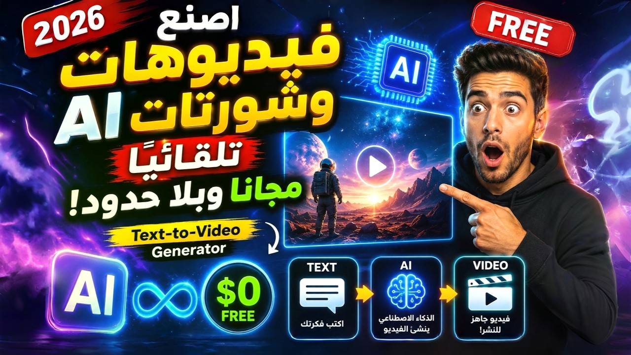 اصنع فيديوهات وشورتات AI تلقائيًا مجانًا وبلا حدود! (2026) FREE Text-to-Video Generator
