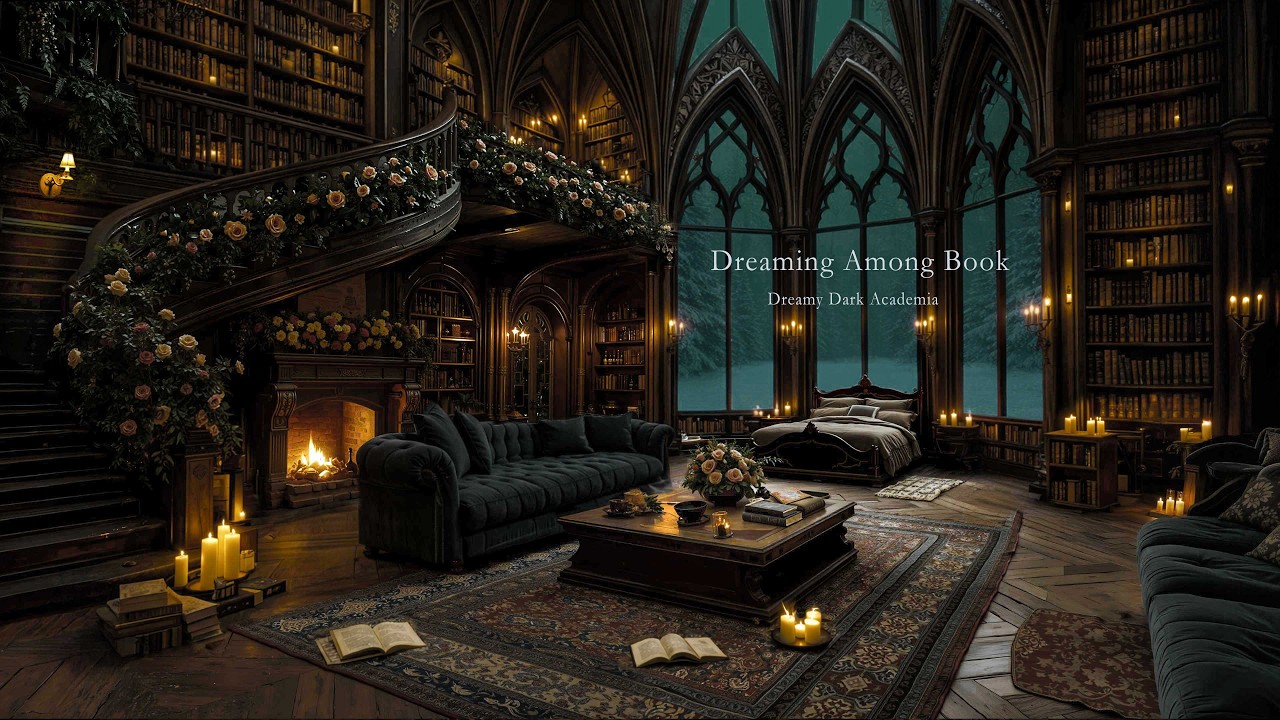 Reading Nook in a Warm Gothic Library Ambience 🕯️ Dark Academia Music with Fireplace for Study Focus