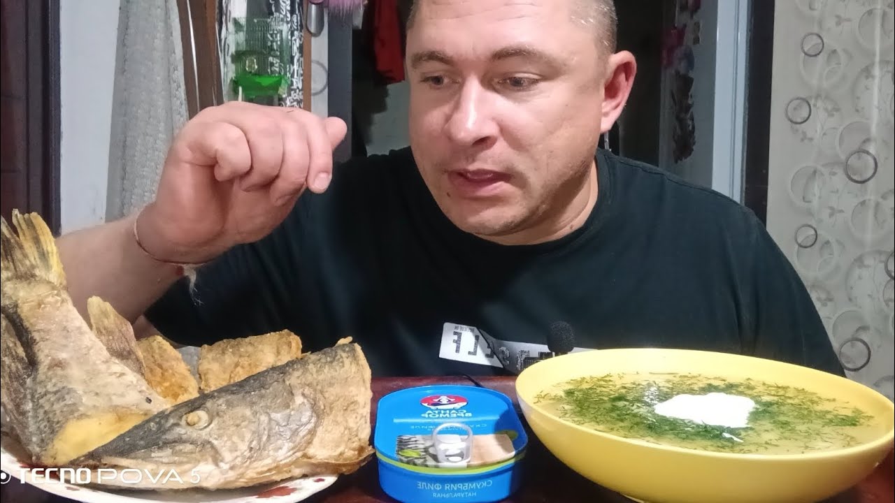 Мукбанг/обжорыч/вкусняшки/суп с клёцками, Жареная щука/mukbang/devoured/