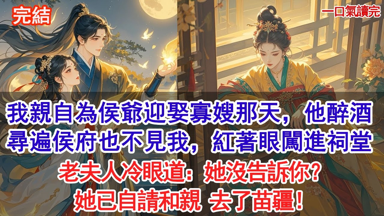 我親自為侯爺迎娶寡嫂那天，他醉酒尋遍侯府也不見我，最後紅著眼闖進祠堂，老夫人冷眼道：她沒告訴你？她已自請和親去了苗疆#古風#追妻火葬場#愛情#小說