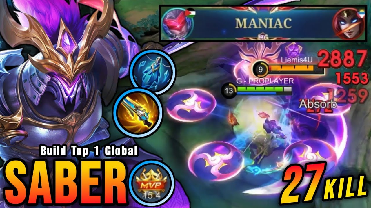 27 Kills + MANIAC!! Saber New Broken Build is Finally Here!! - Build Top 1 Global Saber ~ MLBB