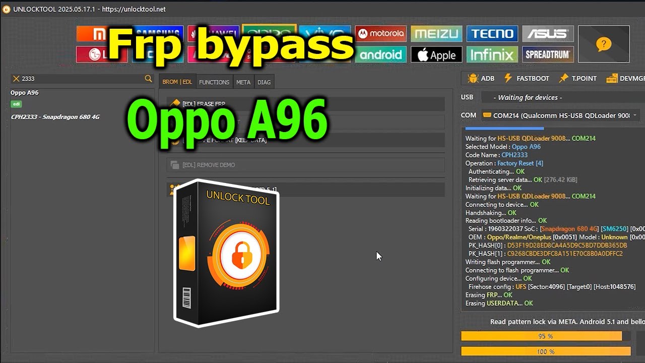 Remove Password, FRP Bypass Oppo A96 with UnlockTool