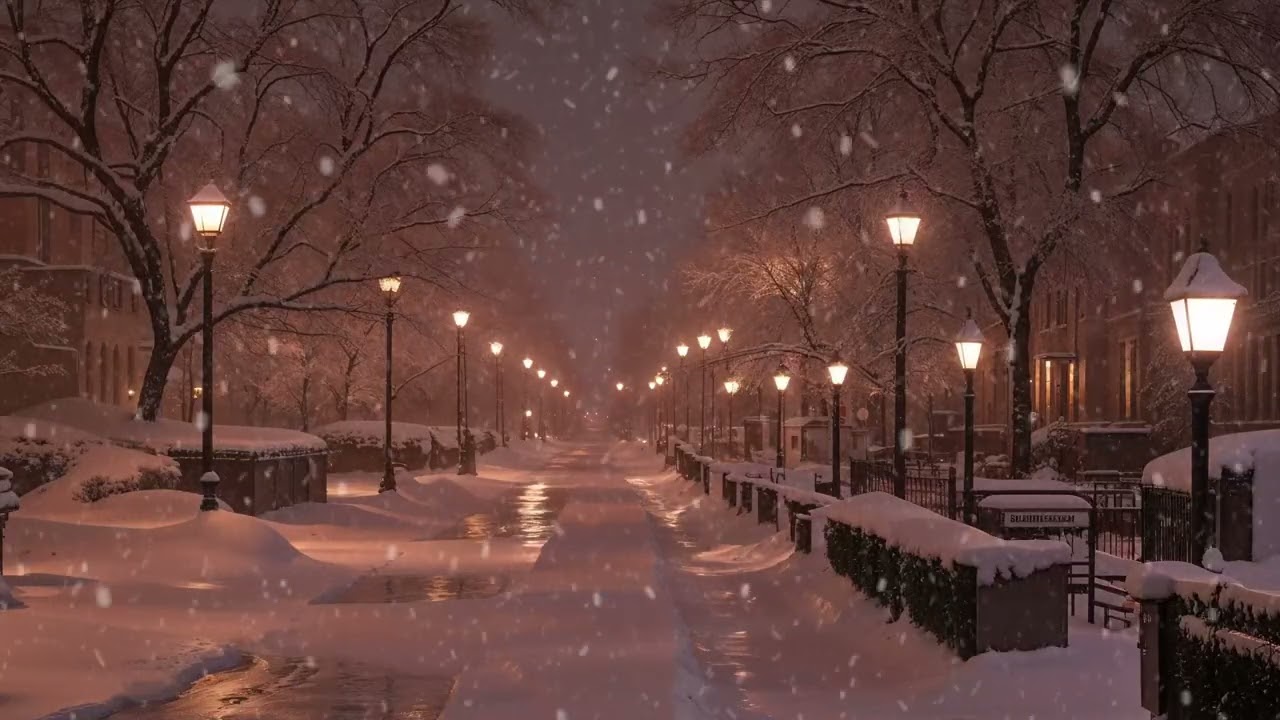 Perfect Winter night on the street | Sounds of Falling Snow & white noise for sleep ( No Ads)