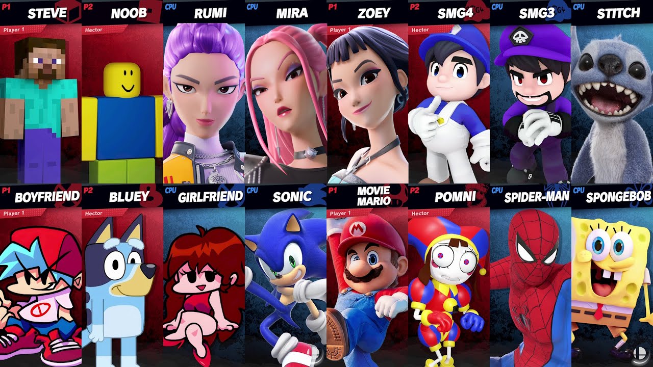 Sonic vs Spider-Man vs Mario vs Bluey vs SpongeBob vs Roblox vs Minecraft vs Fortnite | Super Smash