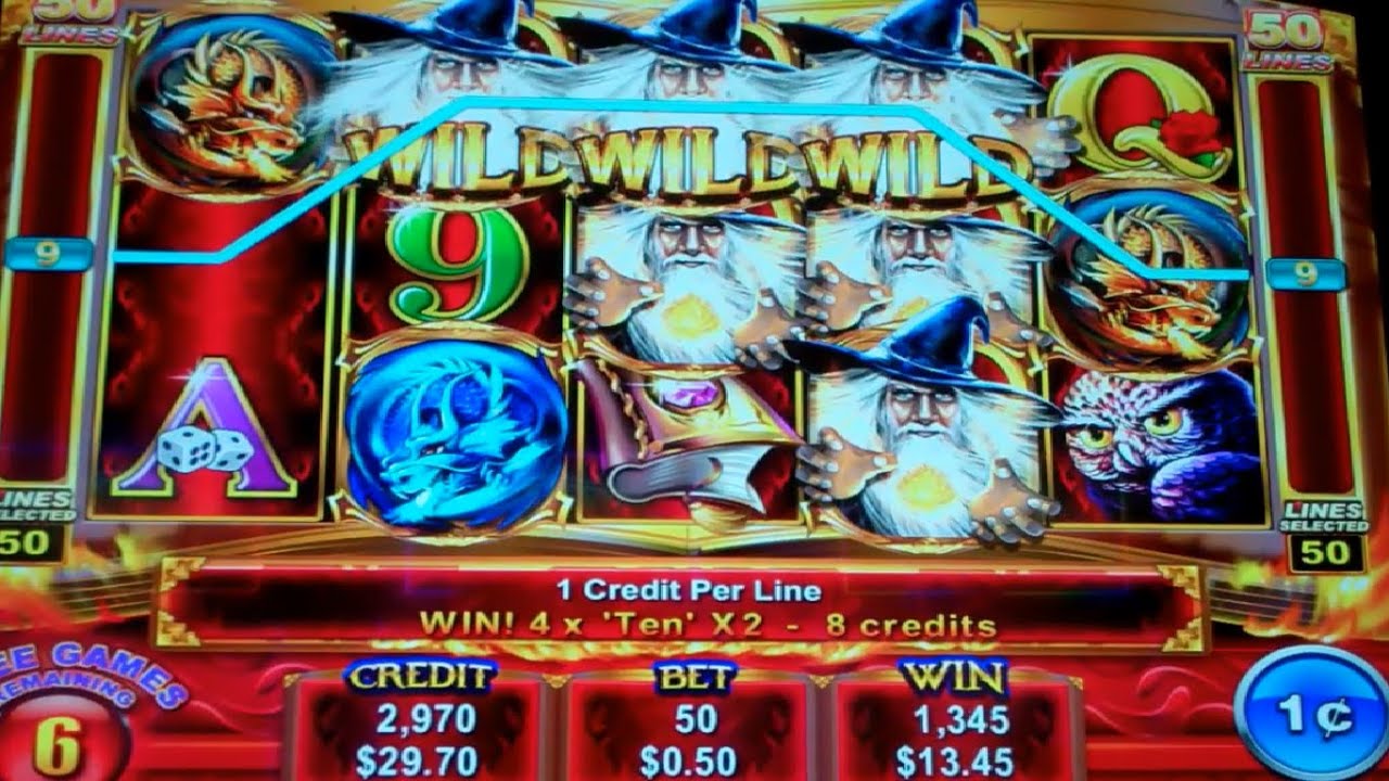Fire Wizard Slot Machine Bonus - 10 Free Games Win with Stacked Wilds + Increasing Multipliers