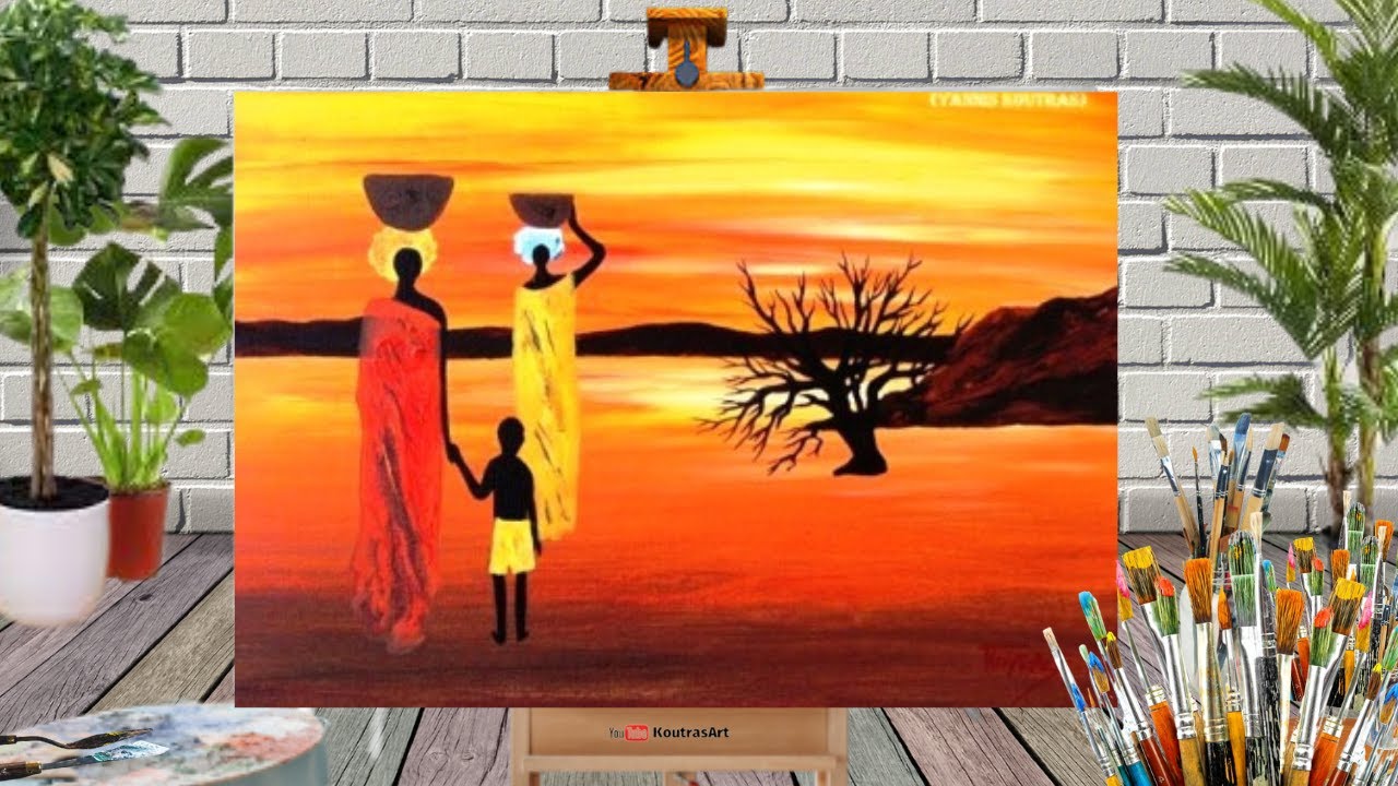 African Sunset - Easy Acrylic painting on canvas for Beginners
