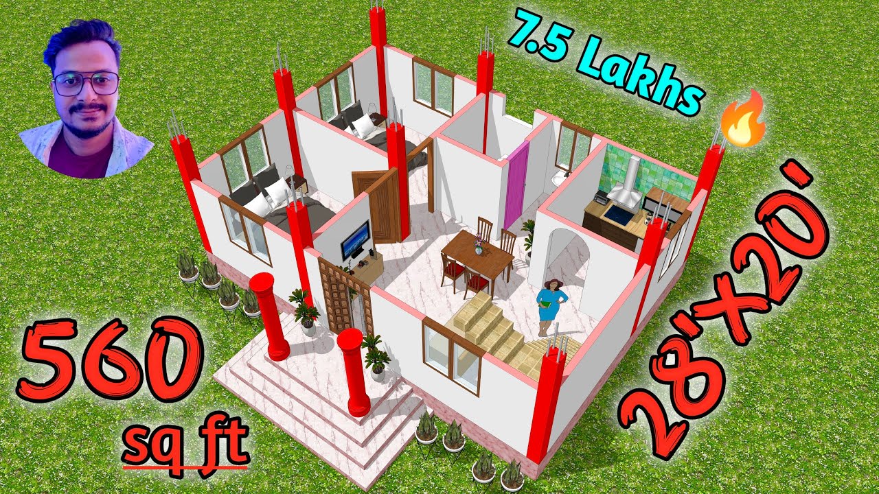 28x20 Detail 2 Bedrooms Floor Plan with Furniture | 28*20 Home Plan | Small Village House Plan