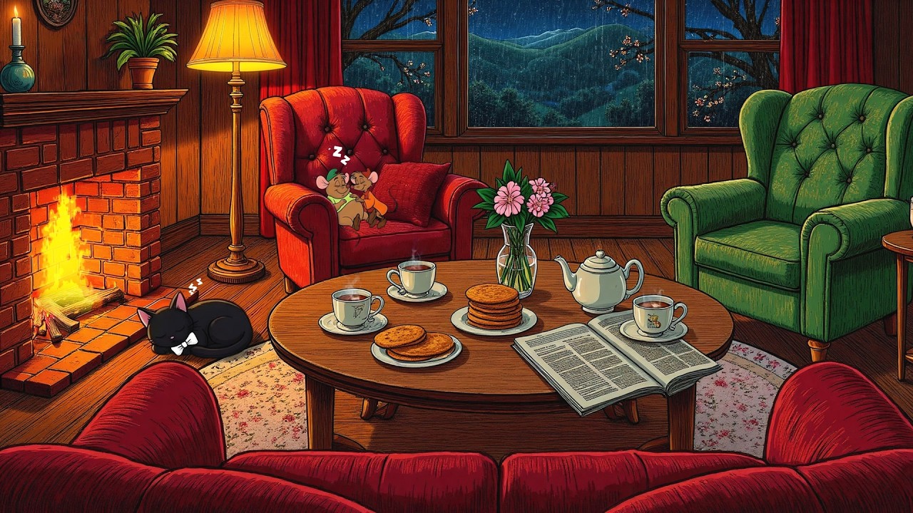 unwind by the fireplace with oldies playing in another room (crackling fireplace & rain sounds)