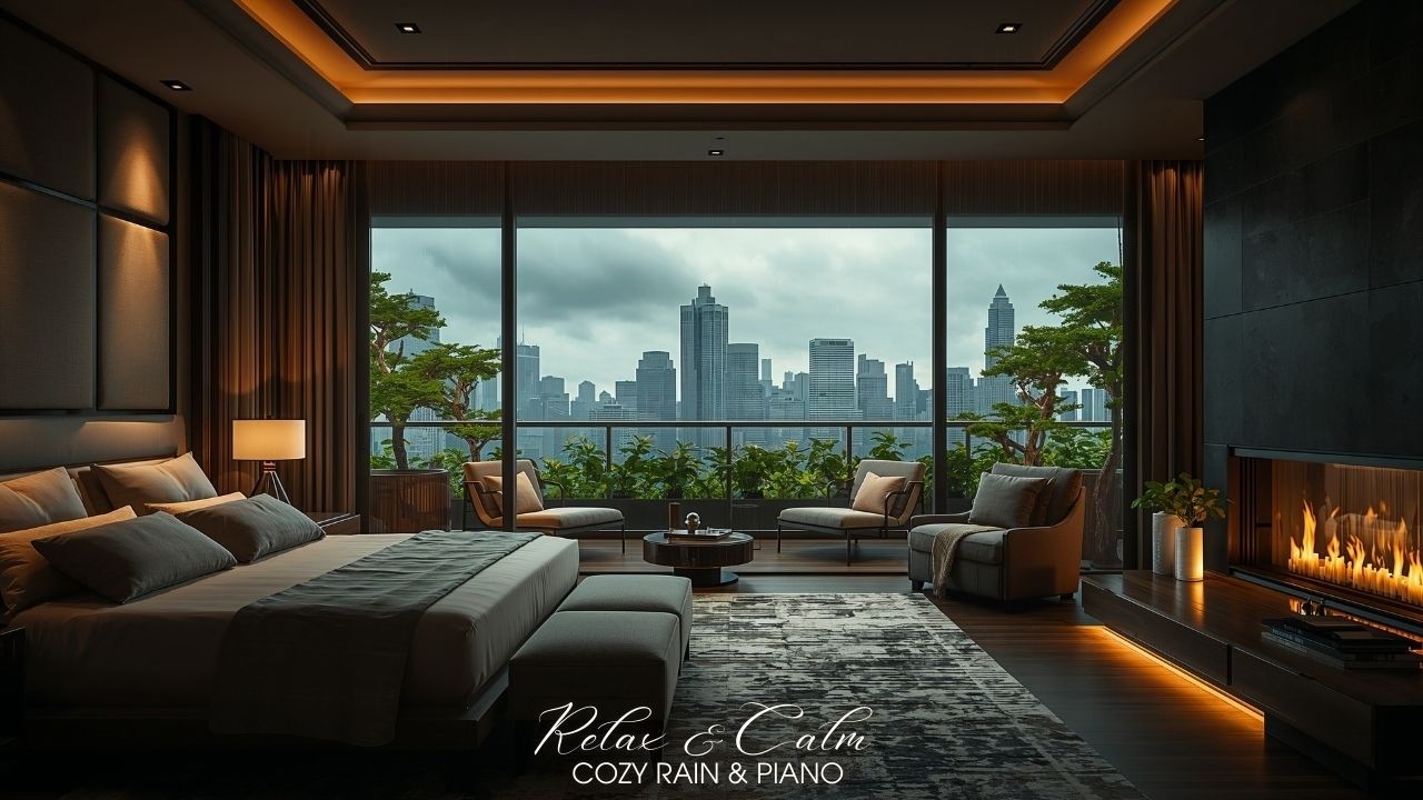 Luxury City Rain & Soft Piano 🌧️🎹 | Cozy Fireplace Bedroom | Relax & Deep Sleep 24/7