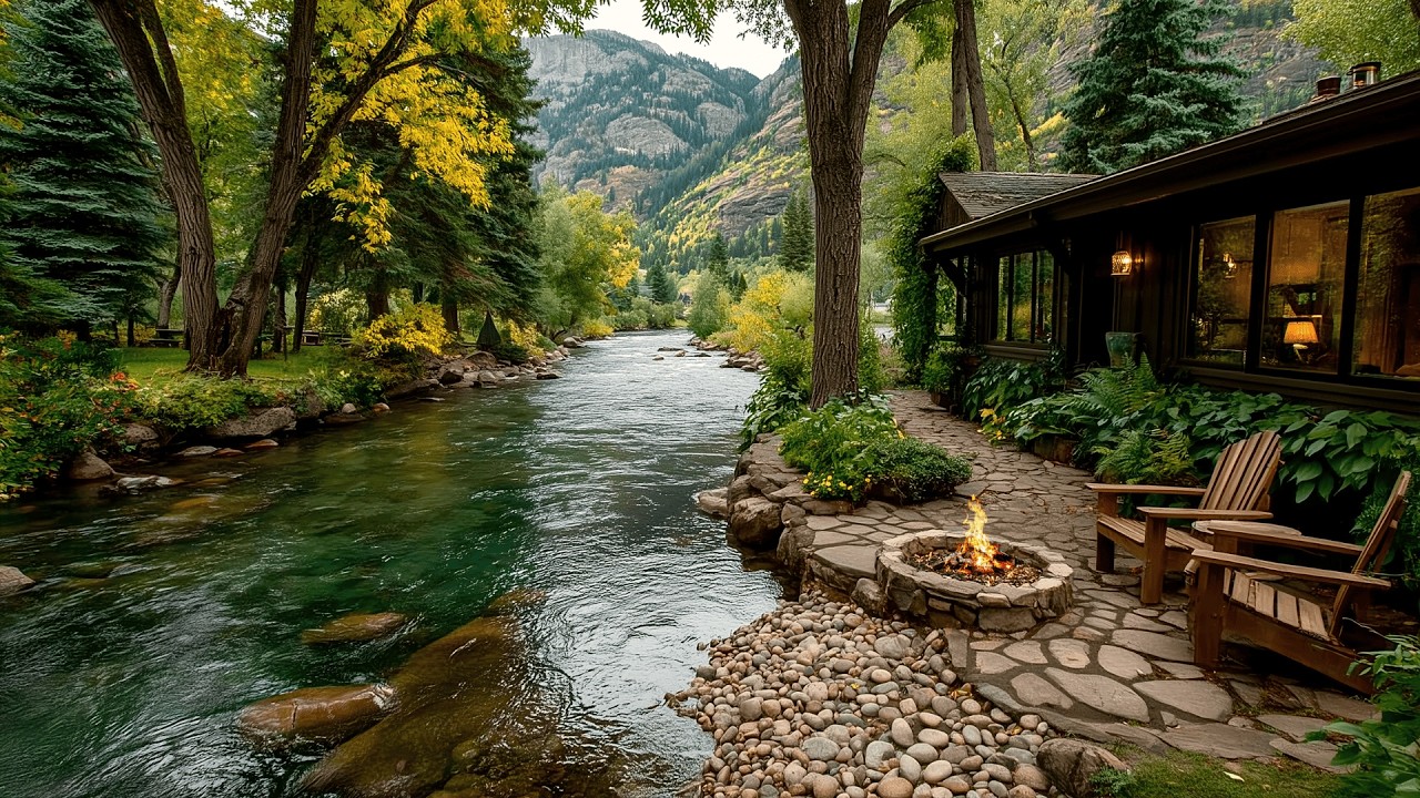 A Beautiful Spring River by The Cabin | Campfire, Water & Nature Sounds Ambience