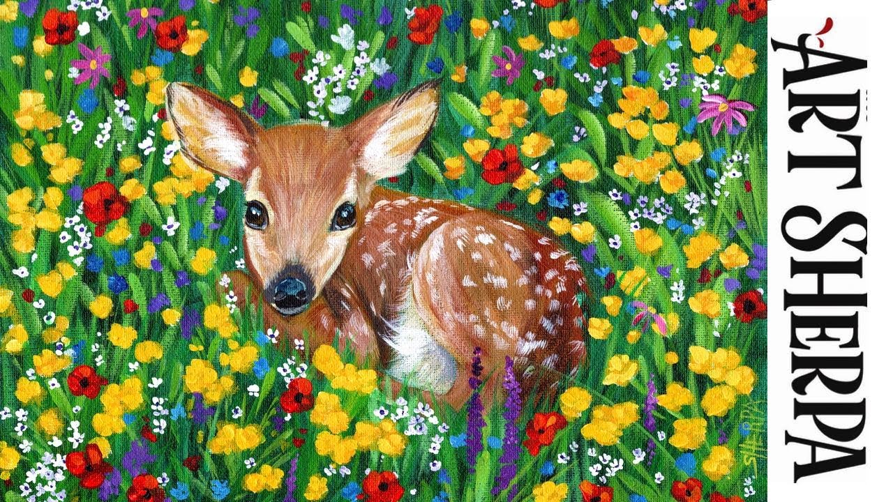 BABY DEER IN FLOWERS Beginners Learn to paint Acrylic Tutorial Step by Step