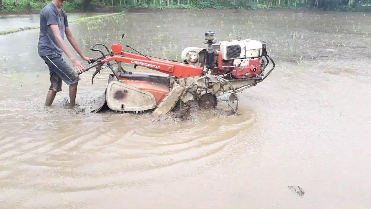 Mitsubishi Shakti VWH 120 Power Tiller. How Paddy Field is Ploughed. TILLER 13 HP