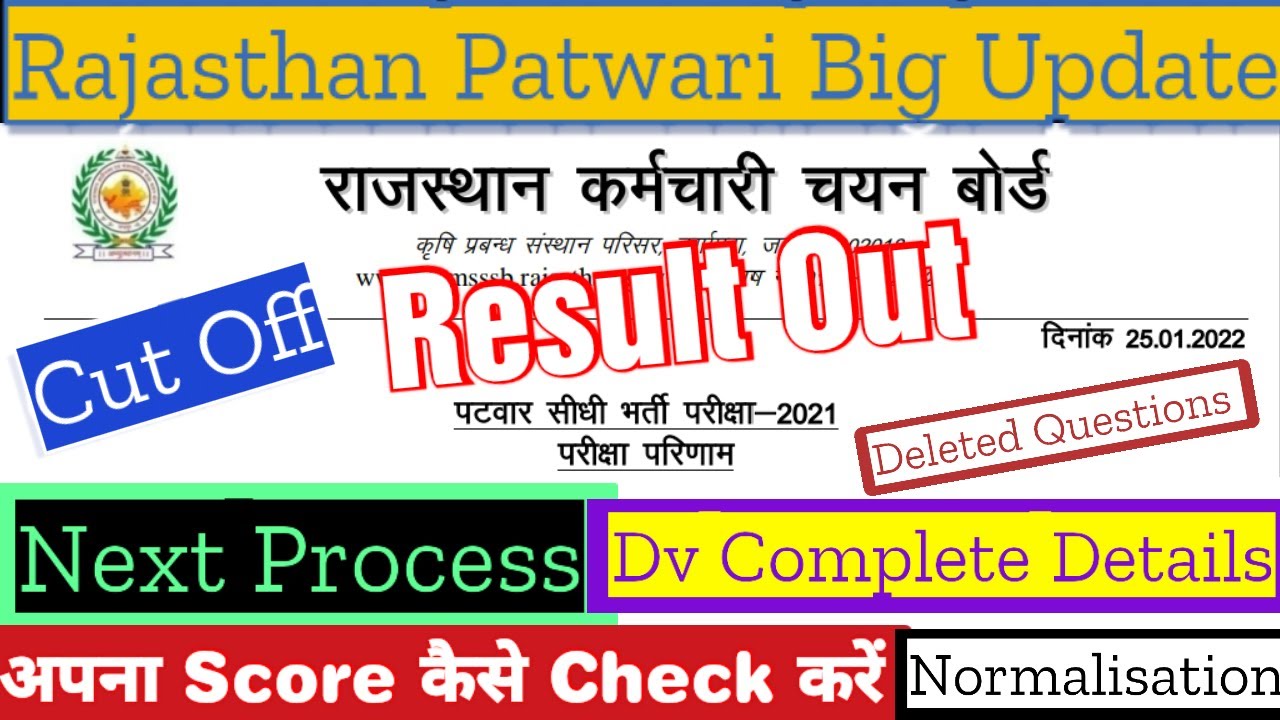 Rajasthan Patwari Result Out | Cut Off | Next Process | DV | Deleted Questions | Normalisation