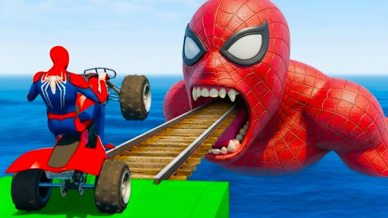 سبايدر مان اصعب دراجة نارية فوق اسماك القرش Superheroes Ride on Motorcycle Stunt Funny ??Moments