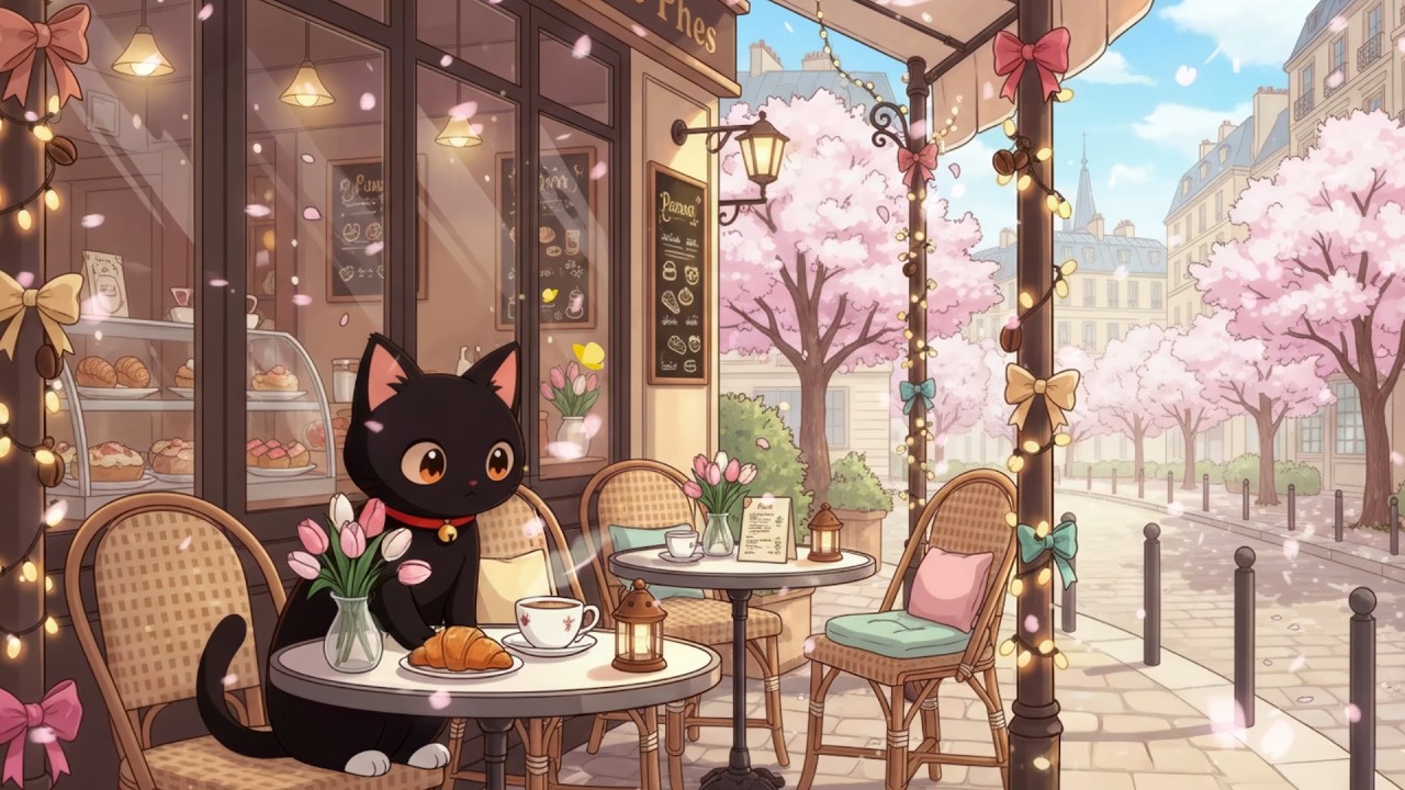 Spring Morning in Paris with Kitty's Cat 🥐 Cafe Jazz Lofi Sakura 🌸 Relaxing Music to Start the Day