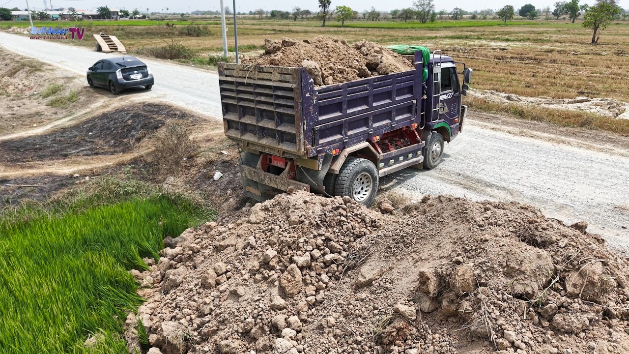 Great Filling Up The Land Using Bulldozer Push Soil With 6-Wheel Dump Trucks Process Team Work