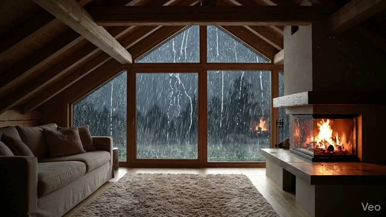 Peaceful Rain on Attic Window 🌧️ Cozy Fireplace & Soft Wind for Deep Sleep (8 Hours)