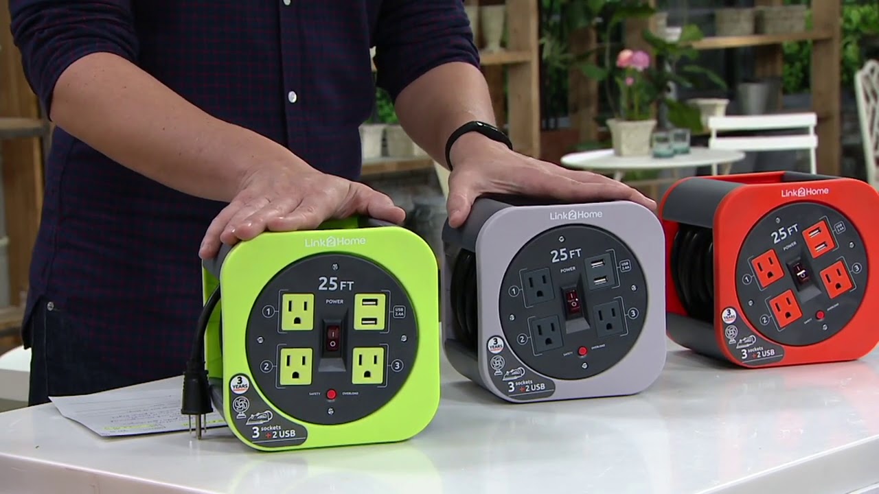 Link2Home Cord Reel 25' Extension Cord, 3 Outlets 2 USBs on QVC